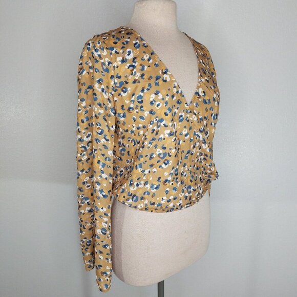 Sadie & Sage Blouse Women Medium Camel Brown Blue Boho Plunge V Neck Flare - Picture 8 of 12